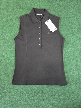NWT Lacoste Womens Top Sleeveless Polo Collar Tank Black Size 40 - 8 Slim Fit